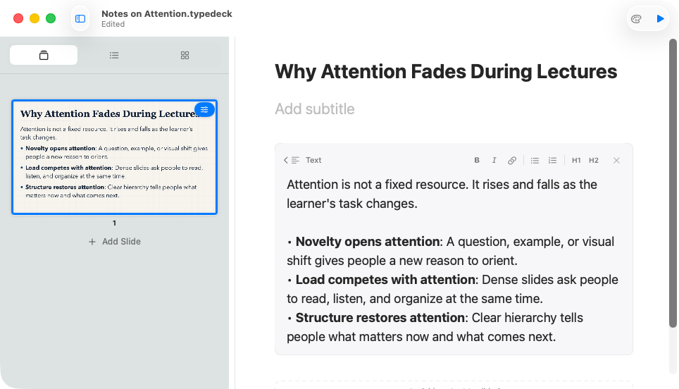 Typedeck text card open in the editor while the slide preview updates.