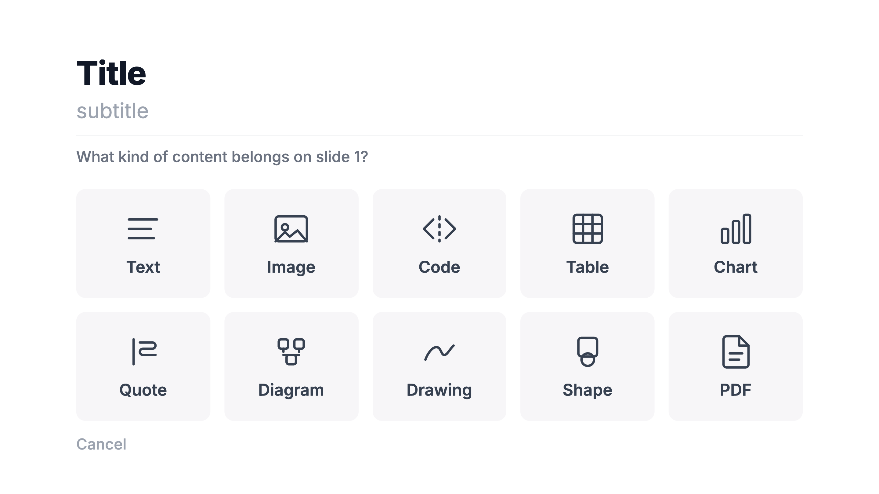 Typedeck content type picker showing text, image, code, table, chart, quote, diagram, drawing, shape, and PDF options