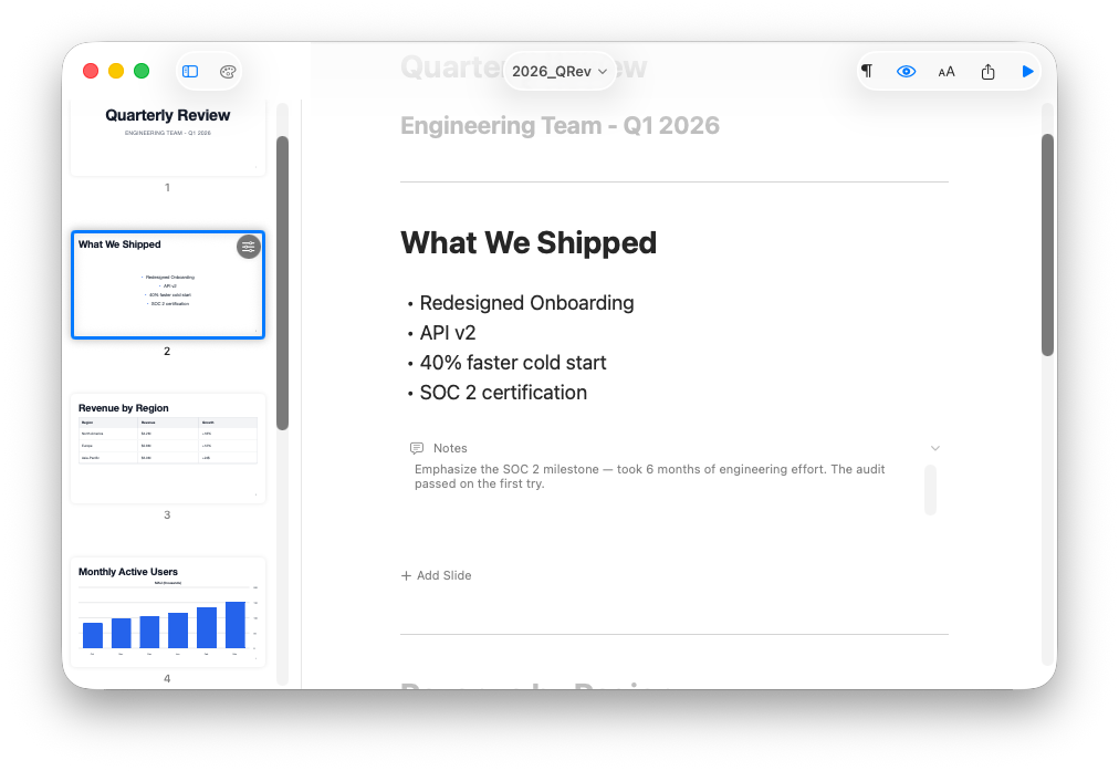 Typedeck editor showing a presentation with slide thumbnails, formatted content, and speaker notes