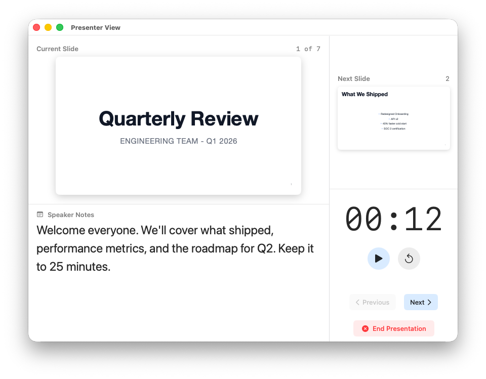 Typedeck presenter view with current slide, next slide preview, timer, and speaker notes