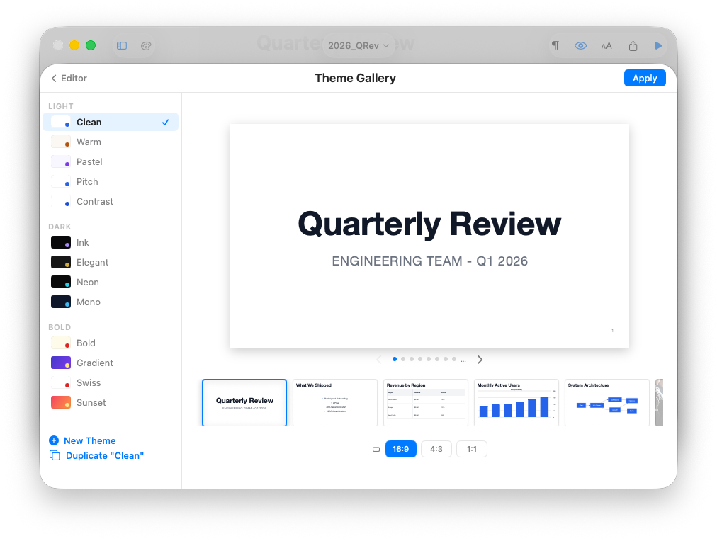 Typedeck theme gallery showing 13 built-in themes organized by Light, Dark, and Bold categories